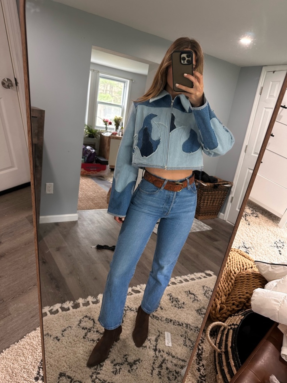 Two-Tone Light & Dark Blue Denim Crop Jacket